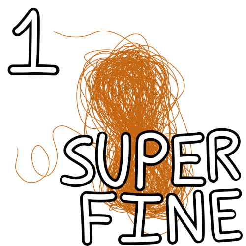 A skien of super-fine, orange yarn. Black and white text reads "1" and "Super Fine"